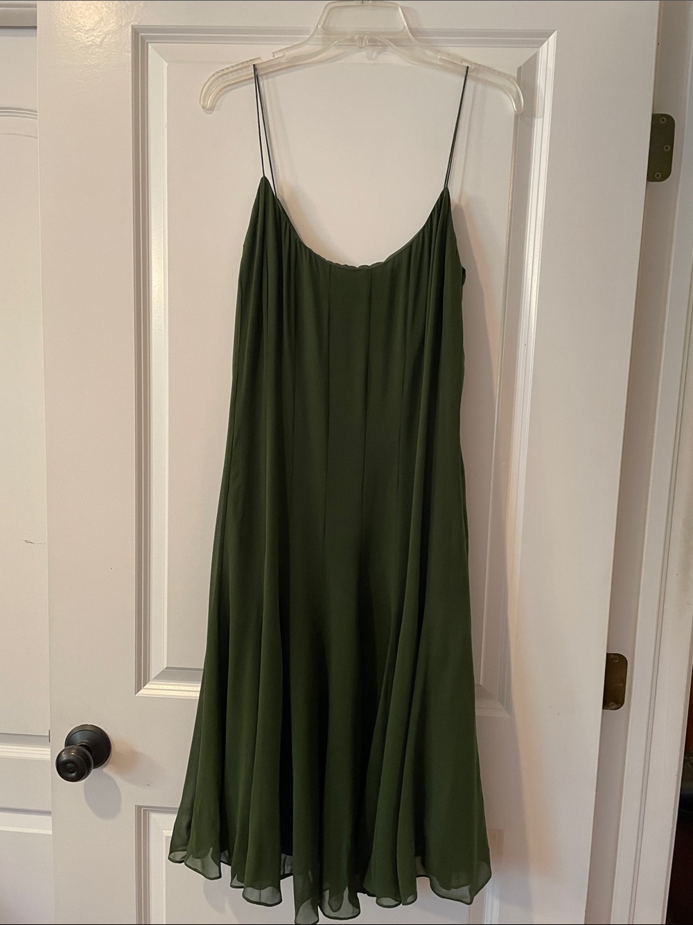 Olive Green Slip Midi Dress with Spaghetti Straps 100% silk
